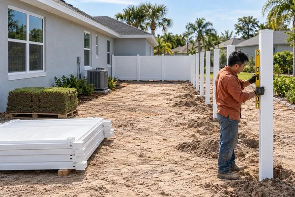 Installer checking a vinyl fence post beside a new home, with fence panels and sod awaiting installation.