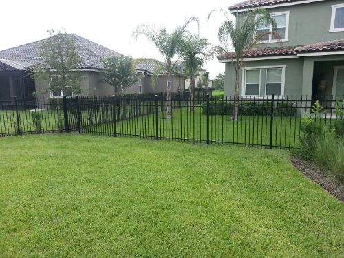 Black aluminum fence surrounding home